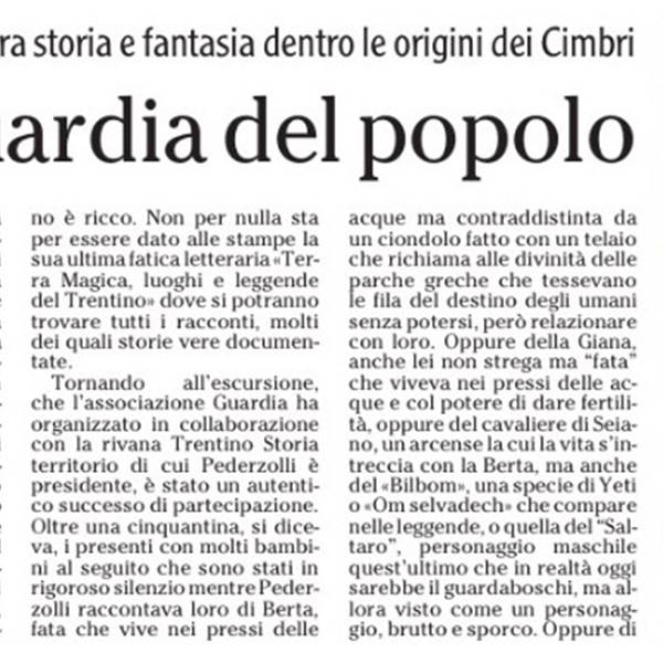 Racconti nel bosco - Articolo del quotidiano L'Adige di sabato 340 dicembre 2023 sul pomeriggio a Guardia di Folgaria, comunità Cimbra, col nostro presidente Elvio pederzolli "protagonista" dei Racconti nel bosco, una passeggiata da Guardia di Folgaria alla cascata dell'Hofentol in compagnia di tantissima gente
