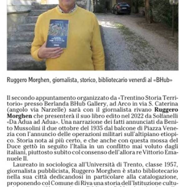 Dicono di noi - Dal quotidiano L'Adige di mercoledì 7 febbraio 2024. Presentazione serata con Ruggero Morghen, giornalista, scrittore, bibliotecario a riposo