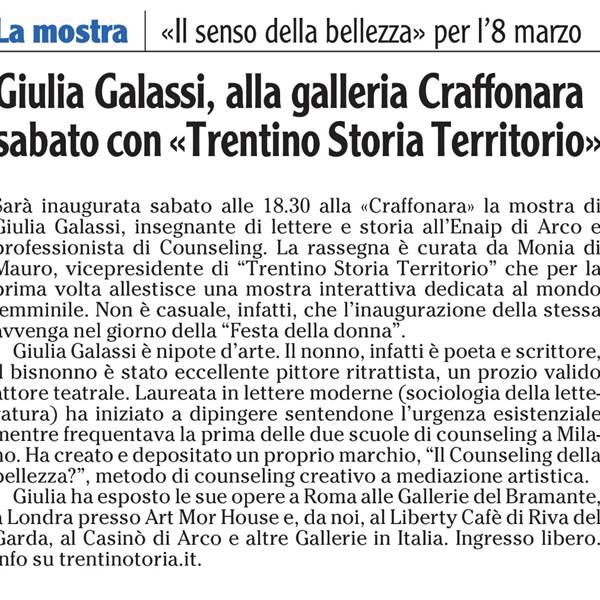 Senti chi sei. Il senso della bellezza - Mostra - Articolo del quotidiano l'adige di venerdì 7 marzo 2025, cronaca Riva/Arco